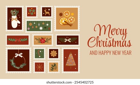 Horizontal banner with traditional Christmas stamps and lettering text message on paper background. Merry Christmas and New Year greeting template. Vector