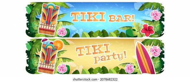 Horizontaler Banner mit traditioneller hawaiianischer Holzmaske und tropischen exotischen Pflanzen und Blumen. Sommertanz-Einladung, Hawaii-Poster auf weißem Hintergrund. Cartoon, Vektorgrafik.