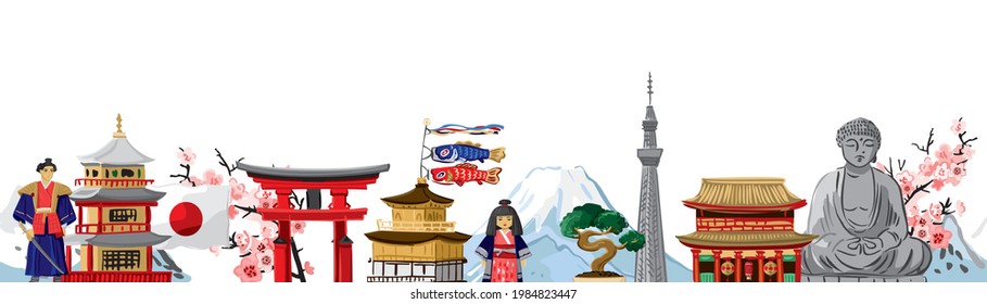 Horizontal banner with traditional Japanese symbols of art and culture, architecture, nature isolated on white. A banner template about a trip to Japan with a place for the text. Vector illustration