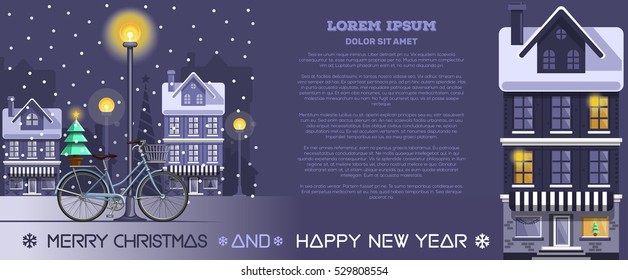 Horizontal banner with the traditional New Year's greetings and free space for text. Bicycle with a Christmas tree in a snowy fairy-tale town. Vector illustration