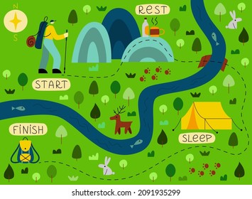 Horizontal banner with trail map, hiking route or footpath. Map for camping, hiking, outdoor nordic walking, local tourism. Colorful vector illustration in flat cartoon style.