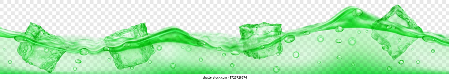 Banner horizontal con cubos de hielo translúcidos y burbujas de aire flotando en el agua sobre fondo transparente. Ilustración vectorial en colores verdes. Transparencia sólo en formato vectorial