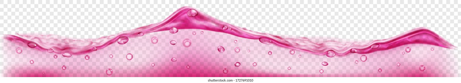 Horizontal banner with translucent water wave in crimson colors with air bubbles, isolated on transparent background. Transparency only in vector file