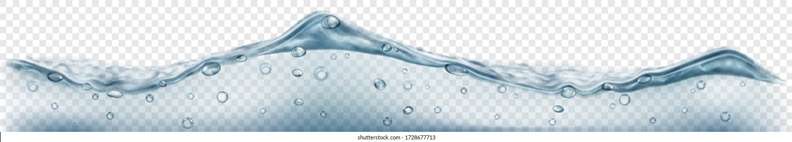 Horizontal banner with translucent water wave in gray and light blue colors with air bubbles, isolated on transparent background. Transparency only in vector file