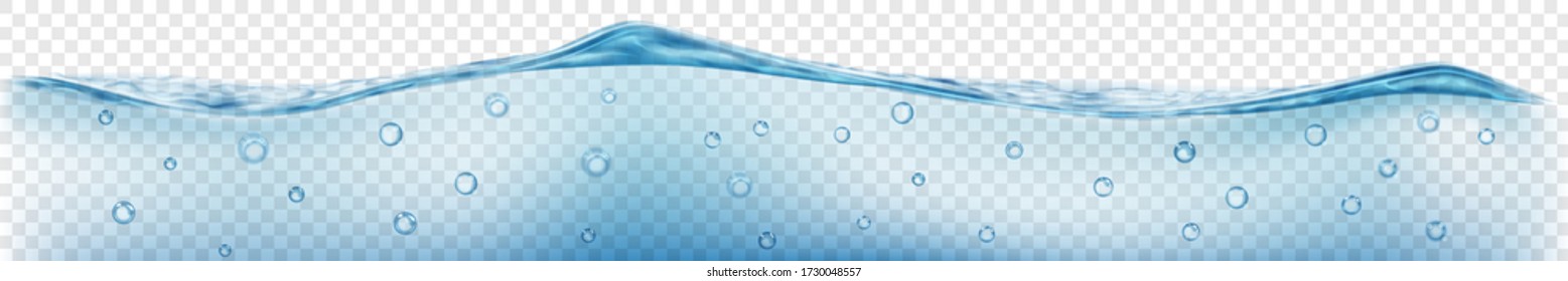 Horizontal banner with translucent water wave in gray and light blue colors with air bubbles, isolated on transparent background. Transparency only in vector file