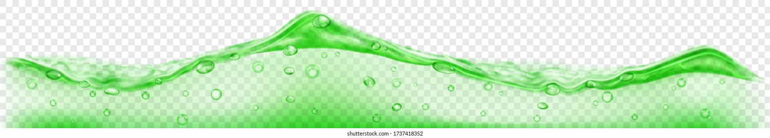 Horizontal banner with translucent water wave in green colors with air bubbles, isolated on transparent background. Transparency only in vector file