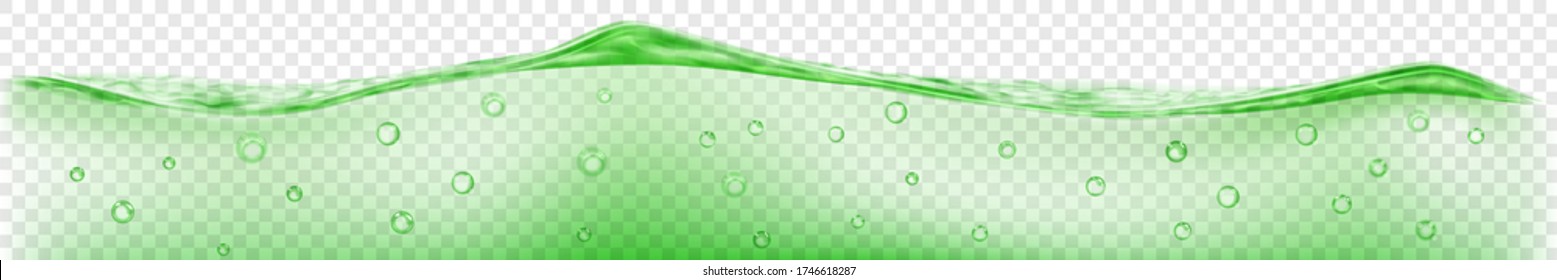 Horizontal banner with translucent water wave in green colors with air bubbles, isolated on transparent background. Transparency only in vector file