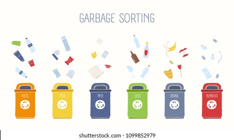 Horizontal banner with trash containers and various types of rubbish on white background - plastic, metal, glass, paper, organic, hazardous litter. Garbage sorting and recycling. Vector illustration