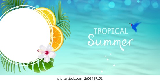 horizontal banner with tropical background of tropical plants and hummingbird
