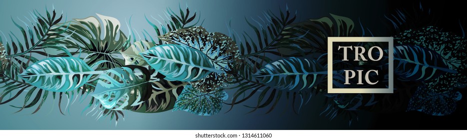 Horizontal banner with tropical blue leaves. Background with tropical leaves for beauty salons, spa salons, weddings. 