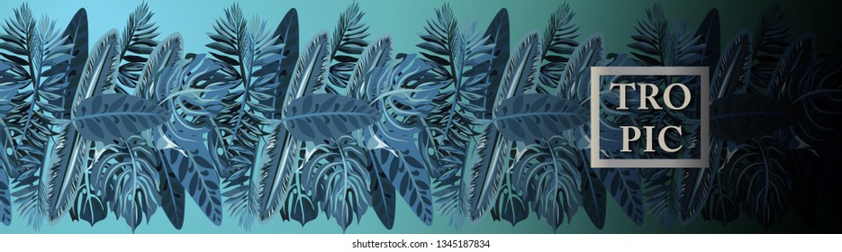 Horizontal banner with tropical blue leaves. Background with tropical leaves for beauty salons, spa salons, weddings. 