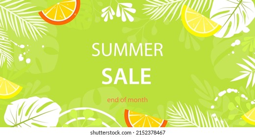 Horizontal banner with tropical leaves, plants, trendy flower patches and lemon and orange slices. Announcement of a new collection, discounts on it, summer sale. . Vector illustration