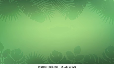 Horizontal banner with tropical leaves shadow on dark green background. Top and bottom frame of different palm leaves, overlay effect. Vector HD template with copy space for summer design.