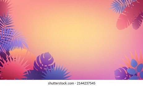 Horizontal banner with tropical leaves of trendy pink, purple and blue colors on gradient background. Coconut, banana, fan palm, monstera leaf. Vector HD mock up for travel design, summer promotion.г