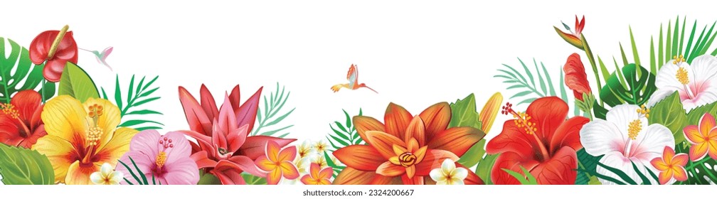Horizontal Banner from tropical plants and exotic flowers