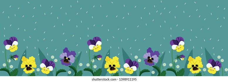 Horizontal banner of turquoise color with forget-me-not flowers and pansies. Vector banner