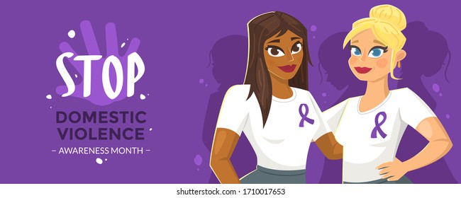 Horizontal Banner With Two Girls In Domestic Violence Prevention Month Promotion T-shirts With Purple Ribbons. Vector Illustration