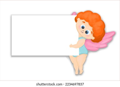 Horizontal banner for Valentine's Day 14 February. Cute cupid character. white background for text