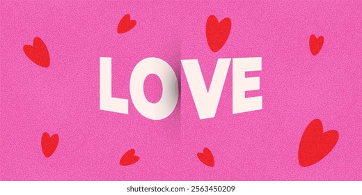 Horizontal banner for Valentine's day. Abstract hearts, text with bend effect on bright background with grunge texture. Vector illustration.