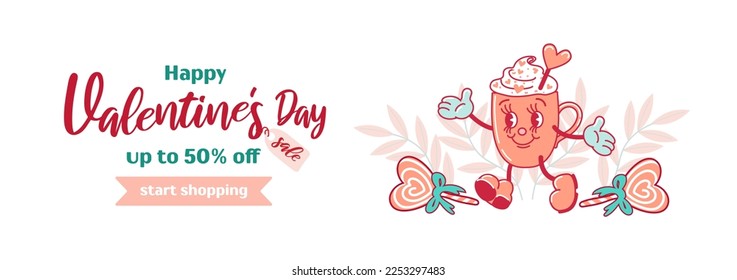 Horizontal banner for Valentines Day. Coffee mug with whipped cream dancing and smiling, heart lollipop. Comic elements in trendy old retro cartoon style. For advertising, poster, flyer.