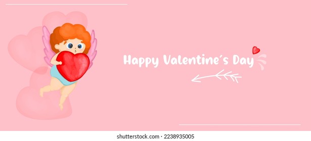 horizontal banner for Valentines Day. Cute cupid character with arrows and hearts. Valentines day poster