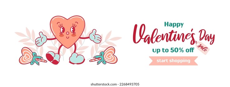 Horizontal banner for Valentines Day. Funny cute smiling heart character with face. Comic elements in trendy old retro cartoon style. For advertising, poster, flyer.