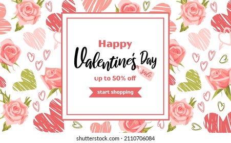 Horizontal banner for Valentines Day. Hearts and roses. Bold modern pattern, graffiti. Bright vector illustrations with grunge textures in a sketch style. For advertising banner, website, sale flyer.