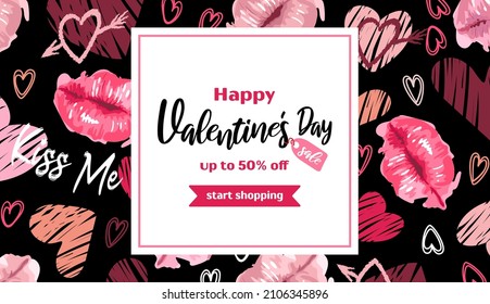Horizontal banner for Valentines Day. Lips in a watercolor style, hearts lettering kiss. Daring bright modern pattern, graffiti. On black background. For advertising banner, website, sale flyer.
