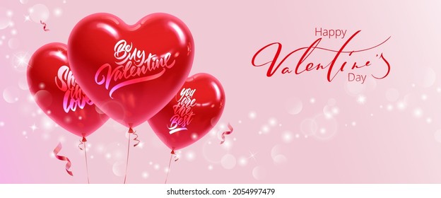 Horizontal banner For Valentine's Day. Realistic heart shaped balloons with inscriptions on a pink background.Vector illustration.