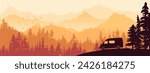 Horizontal banner. Van life. Camper van on meadow in forest. Silhouette of trees, mountains. Magical misty landscape, fog. Orange, brown illustration. 