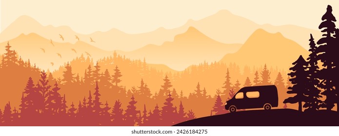 Horizontales Banner. Van-Leben. Wohnmobil auf Wiese im Wald. Silhouette der Bäume, Berge. Magische Nebellandschaft, Nebel. Orange, braune Illustration. 