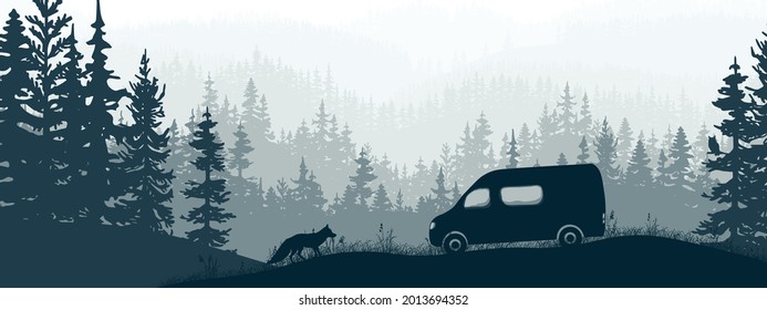 Horizontal banner. Van life. Van on meadow in forest, curious fox. Silhouette of trees, grass. Magical misty landscape, fog. Blue and gray illustration. Bookmark.