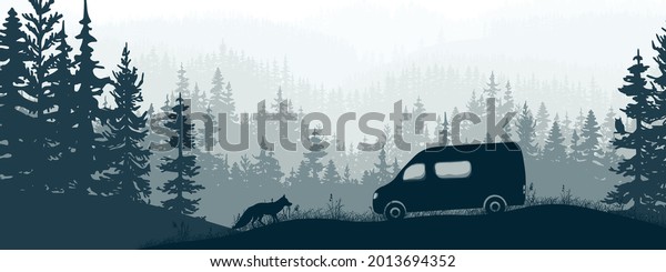 Horizontal banner. Van life. Van\
on meadow in forest, curious fox. Silhouette of trees, grass.\
Magical misty landscape, fog. Blue and gray illustration.\
Bookmark.