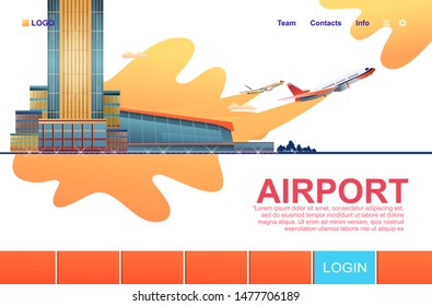 Horizontal banner, vector abstract illustration of a modern airport building, with runway, in orange-blue tones,
