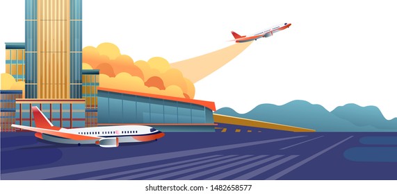 Horizontal banner, vector abstract illustration of a modern airport building, with runway, in orange-blue tones,