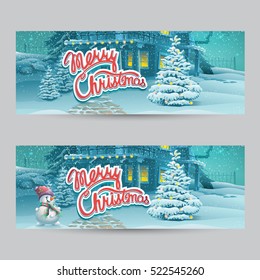 Horizontal banner - vector cartoon illustration Merry Christmas. Greeting card light style background. Merry Christmas message.