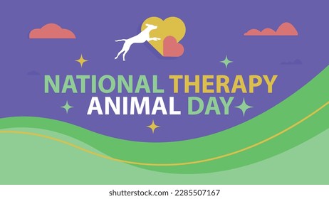Horizontal banner vector design celebrating National Therapy Animal Day on April 30. National Therapy Animal Day poster background with heart shapes, dog silhouette, clouds and typography.