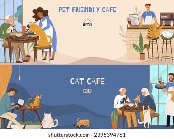 Horizontal banner, vector illustration, cartoon cat cafe characters, pet friendly cat, small business graphic, customer and barista.
People eat and talk together with a dog and a cat in a cafe.