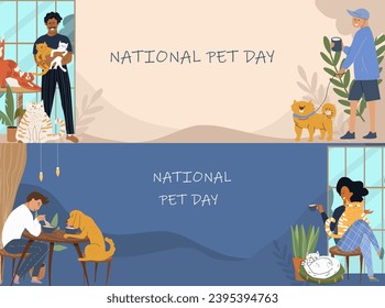 Horizontal banner, vector illustration, cartoon cat cafe characters, pet friendly cat, small business graphic, customer and barista.
People eat and talk together with a dog and a cat in a cafe.