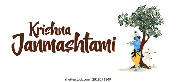 Horizontal banner vector illustration of Lord Krishna playing flute with cow for Janmashtami website header and web design.