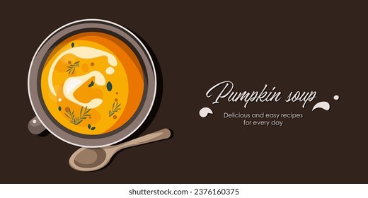 Banner horizontal. Ilustración vectorial. Sopa de calabaza. Sopa en una taza, cocina, restaurante, receta, publicidad.