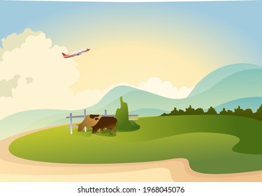 horizontal banner, vector illustration, rural landscape on a hot summer day, cows graze in pasture