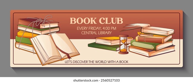 Horizontal banner. Vector illustration of stack of books, open book isolated on white. Book lover, bookstore, library concept. Book club.