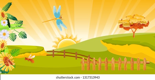 Horizontal banner vector illustration of  summer countryside landscape with house, bees, sunflower on sunny background.