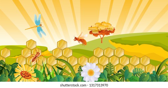Horizontal banner vector illustration of  summer countryside landscape with house, bees, sunflower on sunny background. 