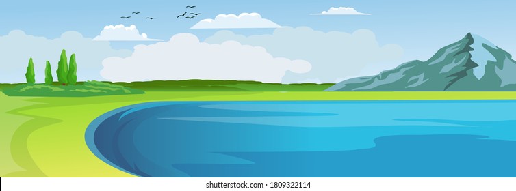 Pancarta horizontal imagen vectorial del paisaje natural con ribera fluvial, bosque y campo verde, plantilla vectorial