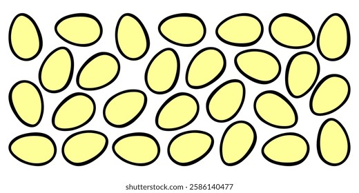 
Horizontal banner of vector images of a collection of chicken eggs, with black outline, on a white isolated background