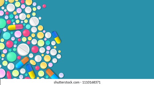 Horizontal banner with vector pills and capsules. Healthcare medical concept. Tablets, capsules, painkillers, vitamins, antibiotics and other drugs.