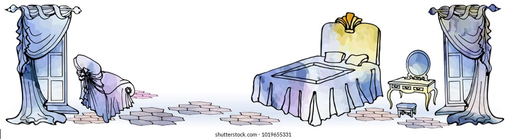 Horizontal banner in vector in vintage, like watercolor, style with an interest of elegant female, ladies bedroom with curtains, windows, bed, dressing table, armchair, tiled floor
