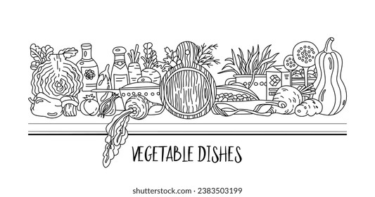 Horizontal banner with vegetables and kitchen utensils for menu or cookbook decoration. Vector illustration on transparent background